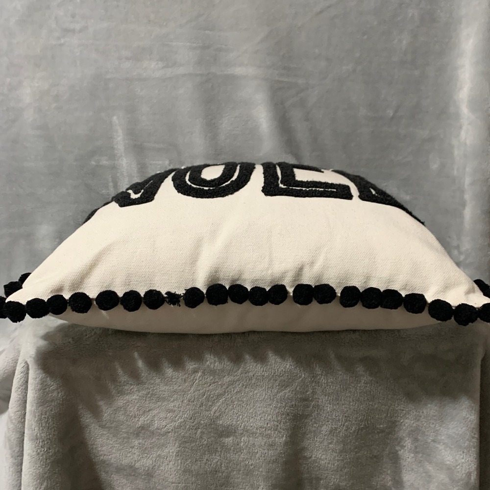 Holiday Noel Pillow Black White Pom Pom Pearl Embellished Throw Pillow Christmas - Picture 4 of 12